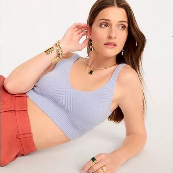 J. Crew Soft Cashmere Blend Ribbed Cropped Sweater Tank Top in Beachside Blue L - Picture 1 of 8